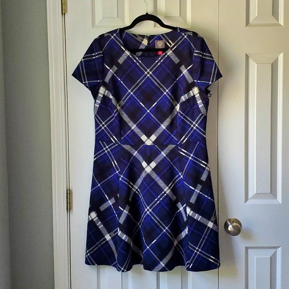 Vince Camuto Plaid Dress Blue Black - Picture 1 of 10